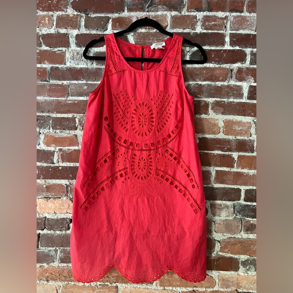 Women’s Kenar Boho Sleeveless Dress Sz 6 100%Cotton Lined Embroidered Scalloped